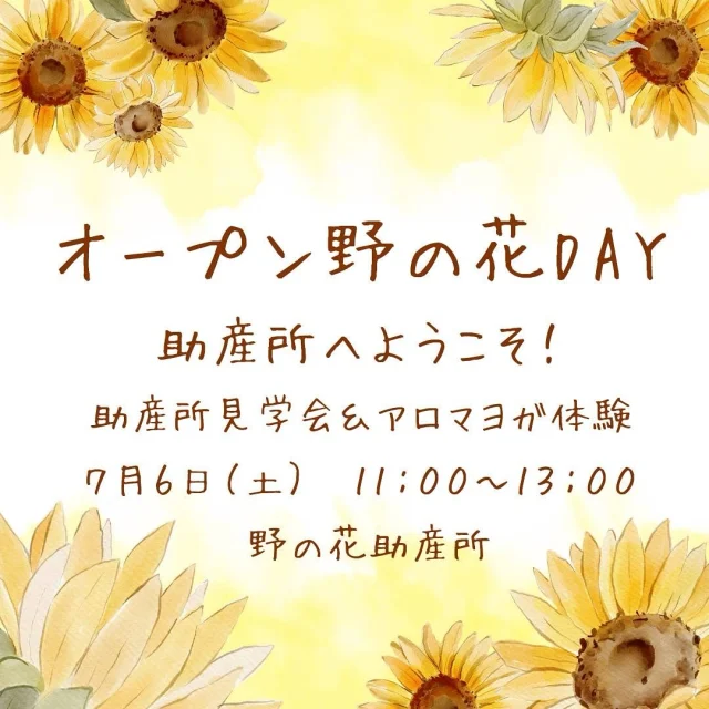 前回ご好評頂きました助産所のオープンDAYを次回は7月6日(土)に行います！

Airy代表の梅田友加里さんが妊活、妊娠中、産後にも役立つアロマヨガをしてくださいます😊
アロマでリラックスした後はみんなで軽食🍙とおしゃべり。皆さんで楽しい時間を過ごしましょう♪

#野の花助産所
#助産所
#助産院
#自然分娩
#入院分娩
#助産所分娩
#産後ケア
#母乳外来
#妊婦相談
#育児相談
#アロマヨガ